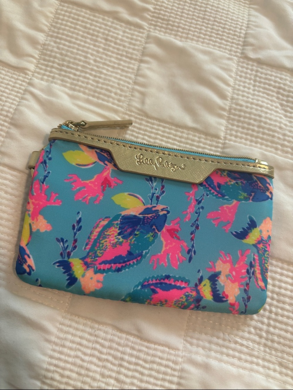 Lilly Pulitzer Teal Floral Zip Pouch with Gold Trim